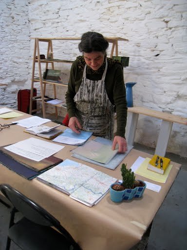 Julie Baugnet, American artist, working on the art for a book collaboration in Occitane and French from poetry by local Occitane poet Aurélia Lassaque